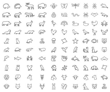 Çeşitli hayvan taslak simgeleri koleksiyonu. Sergide köpekler, kediler, fareler, kirpiler, domuzlar, ayılar, aslanlar, filler, geyikler, maymunlar, tilkiler ve kurtlar gibi memeliler yer almaktadır. Baykuşlar, kartallar, tavus kuşları, kuğular ve ördekler gibi kuşlar temsil edilir. Repti.