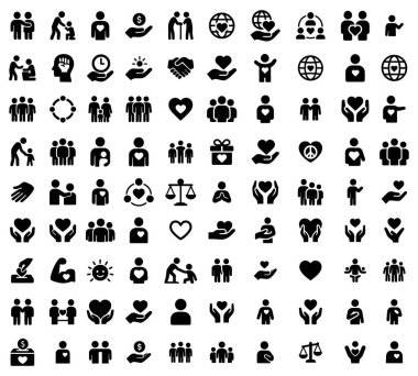 Yardım, bağış ve insani yardımın çeşitli yönlerini tasvir eden siluet simgelerinin toplanması. Bu kapsamlı sette toplum desteği, paylaşım, gönüllülük ve küresel yardım sembolleri yer alıyor. Kar amacı gütmeyen kuruluşlar için ideal sosyal