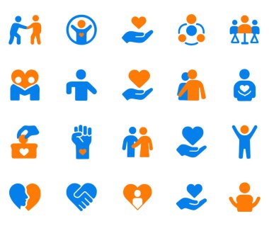 Hayırseverlik ve toplum simgeleri için çeşitli nezaket ve destek eylemlerini tasvir eden vektör illüstrasyonlarının toplanması. Simgeler, insanların birbirlerine yardım ettiklerini, kalplerini paylaştıklarını, el ele tutuştuklarını ve birlik ve özeni sembolize ettiklerini gösteriyor. Bu çizimler conc 'u temsil ediyor