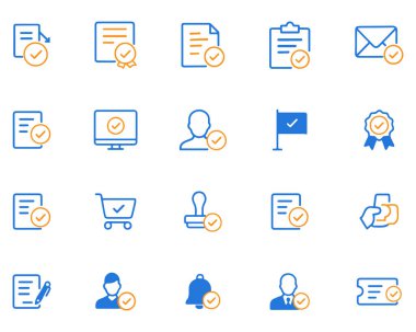 İş iletişimi, hizmet onayı ve idari görevler için simgeler. Belgeler için semboller, posta, bilgisayar, kullanıcı, bayrak, alışveriş arabası, pul, cep telefonu, yazı defteri ve zil. Müşteri hizmetleri için kullanışlı, e- posta Corresp