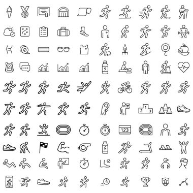 Çizgi biçiminde çalışma ve egzersiz simgelerinin kapsamlı bir koleksiyonu. Çeşitli atletik aktiviteler, fitness ekipmanları ve sporla ilgili semboller içerir. Sağlık ve sağlık başvuruları, spor terfileri ve spor blogları için mükemmel..