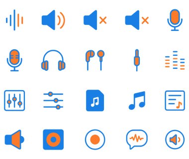 Farklı türde mikrofon ve kulaklıkların yanı sıra, sessiz ve sessiz seçenekler de dahil olmak üzere çeşitli ses ve ses vektör simgelerinin toplanması. Simgeler ayrıca ses kriko girdilerini, eşitleyici ayarlarını, ses dosyalarını, müziği de içermez.