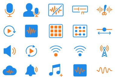 Ses ve ses vektörü simgelerinin toplanması. Mikrofonlar, çalma tuşları, ses dalgaları, ses kontrolleri ve kablosuz sinyaller. Canlı mavi ve turuncu renklerle modern düz stil. Web ve grafik tasarım projeleri, UI UX kitleri ve multimedya apitleri için ideal