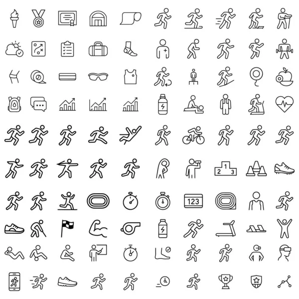 Çizgi biçiminde çalışma ve egzersiz simgelerinin kapsamlı bir koleksiyonu. Çeşitli atletik aktiviteler, fitness ekipmanları ve sporla ilgili semboller içerir. Sağlık ve sağlık başvuruları, spor terfileri ve spor blogları için mükemmel..