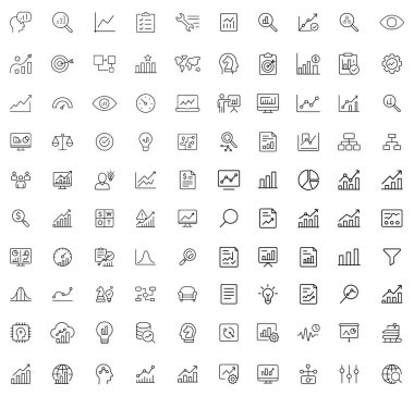 Ekonomik büyüme performans istatistik yönetim stratejisi araştırma ve geliştirmesini kapsayan iş analizi vektör çizgisi simgeleri koleksiyonu. Piyasa eğilimlerini temsil eden ana simgeler veri bilimi hedefleri arama fonksiyonlarını optimize ettiğini rapor etmektedir.