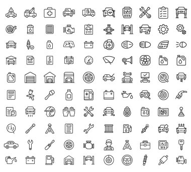 Profesyonel otomotiv onarım hizmeti tanısal motor parçaları yağ pili fren sistemi ve atölye araçlarını kapsayan vektör simgeleri. Yol kenarındaki yardım bakım listelerini temsil eden semboller ulaşım arızası ve profesyonel