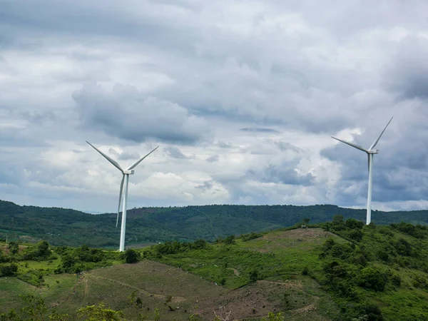 Wind Turbines Green Hilly Terrain Bright Blue Sky — Stock Photo, Image