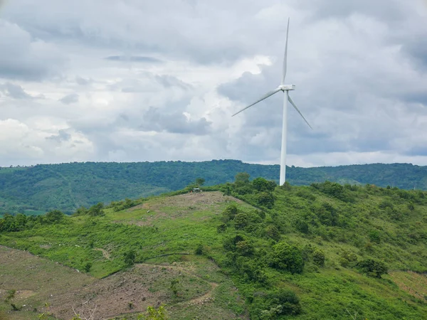 Wind Turbines Green Hilly Terrain Bright Blue Sky — Stock Photo, Image