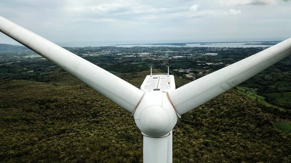 Wind Turbines Green Hilly Terrain Bright Blue Sky — Stock Photo, Image