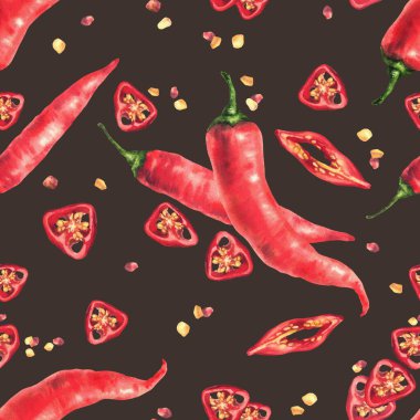 Kırmızı biberli, dikişsiz desen. Kırmızı sebzeler ve tohumlarla dilimlenmiş kapsüller. Gerçekçi suluboya resimler besin kumaşı için sıcak baharat baskısı, ambalaj izole koyu arkaplan