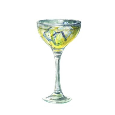 Limonata ya da buzlu limoncello bardağı. Sarı içecekle fondip yap. Limondan yapılmış geleneksel İtalyan alkollü likörü. Resimli suluboya el çizimi arkaplandan izole edildi