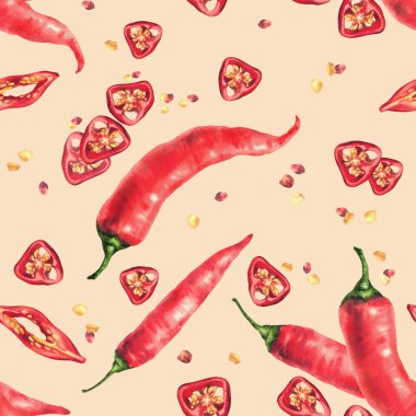 Kırmızı biberli, dikişsiz desen. Suluboya tüm sebzeleri kırmızıya boyadı ve tohumlarla dilimlenmiş tohumları kesti. Gıda kumaşı ve ambalaj için baharatlı baharat. İzole edilmiş bej arkaplan çizimi