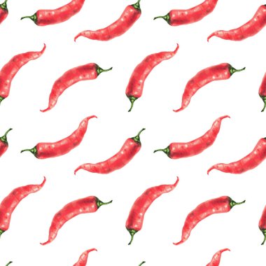 Kırmızı kırmızı biberli suluboya dikişsiz desen. Tam sebze kabuğu, baharatlı baharatlı gıda ambalajı. Kumaş için gerçekçi el çizimleri, arkaplandan izole edilmiş hatıra defteri