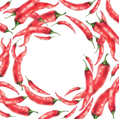 Suluboya kırmızı kırmızı acı biber kare çerçevesi. Yeşil saplı tam sebze kabukları, yemek baharatları. Baharatlı vejetaryen yemeği, sos, menü etiketi kare şablonu. El çizimi resimleme arkaplandan izole
