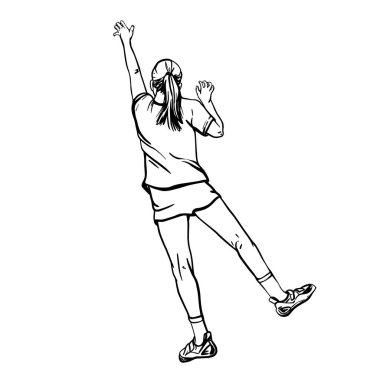 Genç kız, duvarın içinde kaya duvarına tırmanıyor. El çizimi siyah-beyaz vektör çizimi sanat çizimi ekstrem macera aktiviteleri spor, fitness için. Arka plandan izole edilmiş