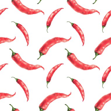Suluboya sıcak kırmızı biber dikişsiz desen. Botanik gerçekçi el yazısı yeşil saplı sebze kabuklarını boyadı. Baharat çeşnili yemekler, izole edilmiş beyaz arkaplan resimlerinde mutfak tasarımı.