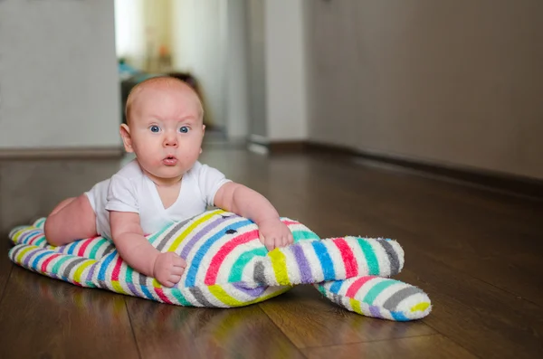 yalan bir peluş, particolored tavşan katta ve bakışları bebek
