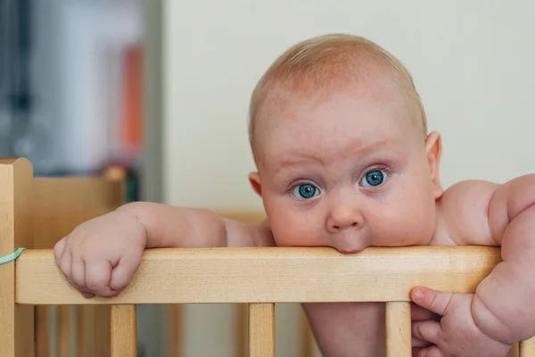 Pequeño niño lijando en la cuna y come barandilla —  Fotos de Stock