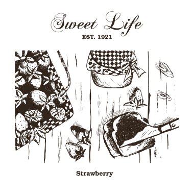 Çizilmiş vintage çilek seti el