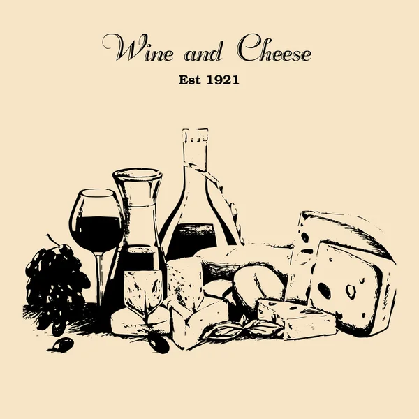 Hand Rita vintage uppsättning av ost och vin i grunge stil. — Stock vektor