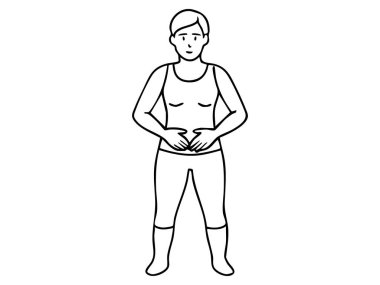 Black outline of woman holding stomach in discomfort, isolated on white background. concept of abdominal pain, health, illness, medical illustration, design element.