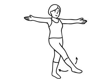 Black and white outline of woman exercising with arms extended and leg raised, isolated on white background. concept of fitness, workout, stretching, dance, icon, design element.