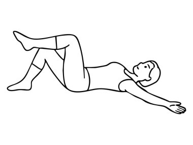 Black outline illustration of woman performing leg raise exercise on white background. concept of fitness, workout, exercise routine, health, stretching, yoga, design element.