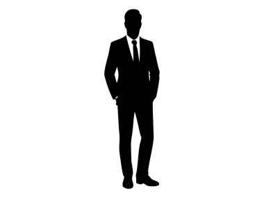 Black silhouette of business man in suit with hands in pockets, isolated on white background. concept of professional, executive, corporate, formal wear, icon, logo, design element.