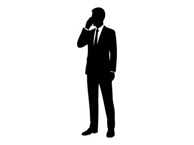 Black silhouette of man in suit talking on phone, isolated on white background. concept of business, communication, corporate professional, office work, formal attire.