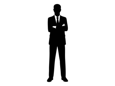 Black silhouette of man in suit with crossed arms, isolated on white background. concept of business, professional, executive, confidence, icon, logo, design element.