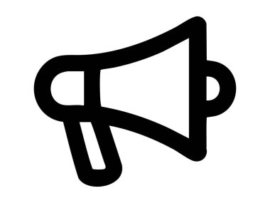 Black outline of megaphone isolated on white background, illustration. concept of icon, logo, announcement, communication, public address, design element, sound amplification.