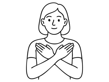 Önünde çapraz kollu, beyaz arka planda izole bir kadının siyah beyaz çizgisi. Kişinin konsepti, jest, vücut dili, illüstrasyon, simge, tasarım ögesi.