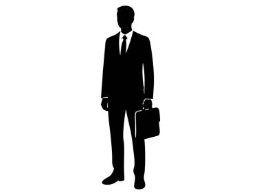Beyaz arka planda izole edilmiş evrak çantası tutan bir iş adamının silueti. Profesyonel, resmi kıyafet konsepti, iş dünyası, ofis çalışanı, simge, tasarım unsuru.