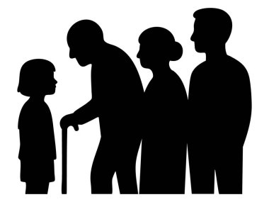 Profilde siyah siluet var, beyaz arka planda izole edilmiş. Aile kavramı, nesiller, insan figürleri, farklı yaşlar, büyükanne ve büyükbaba, çocuk, tasarım öğesi.
