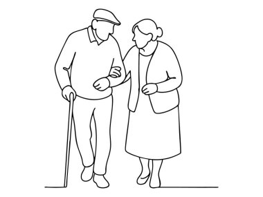 Sürekli olarak yaşlı bir çiftin bastonla yürüdüğü çizimler, beyaz arkaplanda çizimler. Aşk konsepti, arkadaşlık, yaşlanma, destek, minimalist sanat, tasarım unsuru.