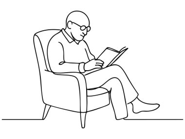 Koltukta kitap okuyan bir adamın siyah çizgisi, beyaz arka planda sürekli tek çizgi çizimi. Rahatlama, okuma, minimalizm, illüstrasyon, tasarım elementi kavramı.