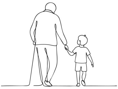 Beyaz arka planda minimalist sanat eserleri olan yaşlı bir adam ve genç çocuğun sürekli el ele tutuştuğu bir çizgi. Aile kavramı, nesiller, bağ, bağlantı, sanatsal tasarım.