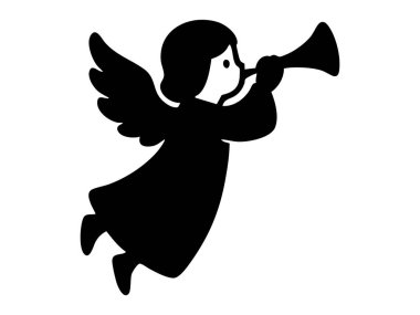 Beyaz arka planda izole edilmiş, trompet çalan siyah bir Noel meleği silueti. Noel ruhu konsepti, şenlikli dekor, kış kutlaması, dini sembol, tasarım unsuru.