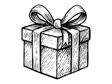 Beyaz arka planda izole edilmiş, kurdeleli siyah bir Noel hediyesi çizimi. Tatil konsepti, yeni yıl, bayram hediyesi, hediye paketi, doğum günü sürprizi, kutlama, dekor.