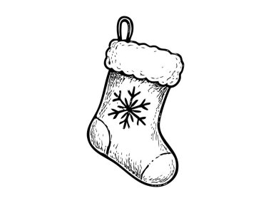 Beyaz arka planda izole edilmiş kar tanesiyle siyah yumurtadan çıkmış Noel çorabı çizimi. Tatil konsepti, şenlikli dekor, mevsimlik sanat, kış ikonu, illüstrasyon, tasarım unsuru.