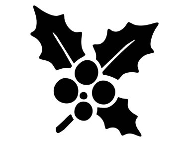 Kutsal yaprakların ve dutların siyah silueti, beyaz arka planda izole edilmiş, grafik çizimi. Noel süslemesi kavramı, kış bayramı sembolü, şenlikli bitki unsuru.