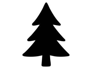 Beyaz arka planda izole edilmiş siyah noel ağacı silueti. Tatil konsepti, şenlikli dekor, yemyeşil, kış kutlaması, ikon, logo, mevsimlik tasarım unsuru.