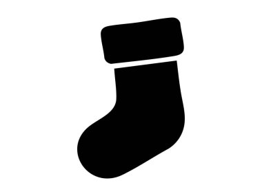 Beyaz arka planda izole edilmiş siyah noel çorabı silueti. Tatil konsepti, şenlikli dekor, hediye, minimalist tasarım, simge, sembol, mevsimsel kutlama.