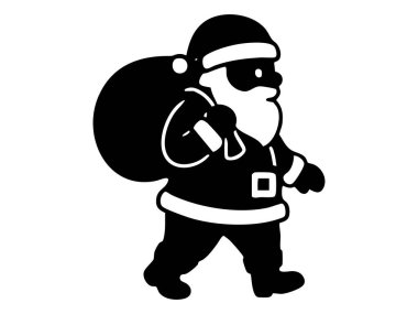 Noel Baba 'nın silueti beyaz arka planda izole edilmiş çuval taşıyor. Noel konsepti, yeni yıl, tatil ruhu, şenlik sezonu, neşeli hediye verme ikonu.