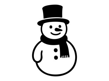 Siyah siluet, beyaz arka planda izole edilmiş siluet şapkalı ve atkılı neşeli kardan adam. Kış, Noel, bayram ikonu, Noel ruhu, mevsimlik dekor, illüstrasyon.