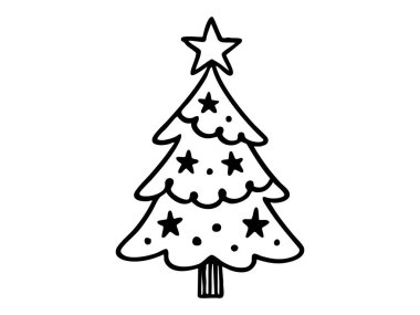 Siyah beyaz el çizimi, yıldızlarla süslenmiş Noel ağacı, kavramsal illüstrasyon. Tatil konsepti, şenlikli dekor, yeni yıl, mevsimlik sanat, kış kutlaması.
