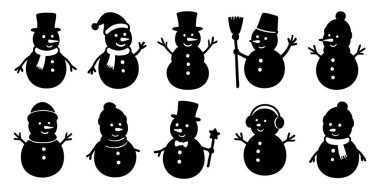 Beyaz arka planda izole edilmiş siyah siluet şapka, atkı ve aksesuarlı kardan adamlar. Kış konsepti, Noel, yeni yıl, dekorasyon, tatil tasarım unsuru.