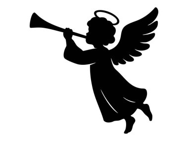 Beyaz arka planda izole edilmiş, trompet çalan siyah bir Noel meleği silueti. Bayram, doğum, dekorasyon, şenlik, süs, ruh, kış, sembol.