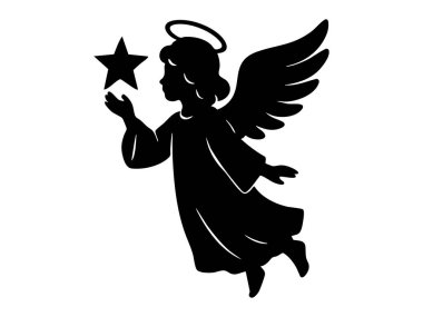 Noel Meleği 'nin siyah silueti. Yıldızını tutuyor, çizim yapıyor. Tatil, dekorasyon, şenlik ruhu, göksel varlık, ilahi haberci, tasarım unsuru, beyaz arkaplan.