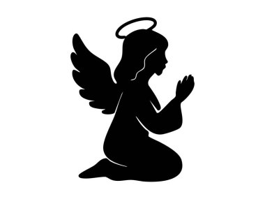 Beyaz arka planda diz çöküp dua eden, halesi ve kanatları olan siyah bir Noel meleği silueti. Tatil ruhu konsepti, koruyucu, dini sembol, ikon, tasarım unsuru.
